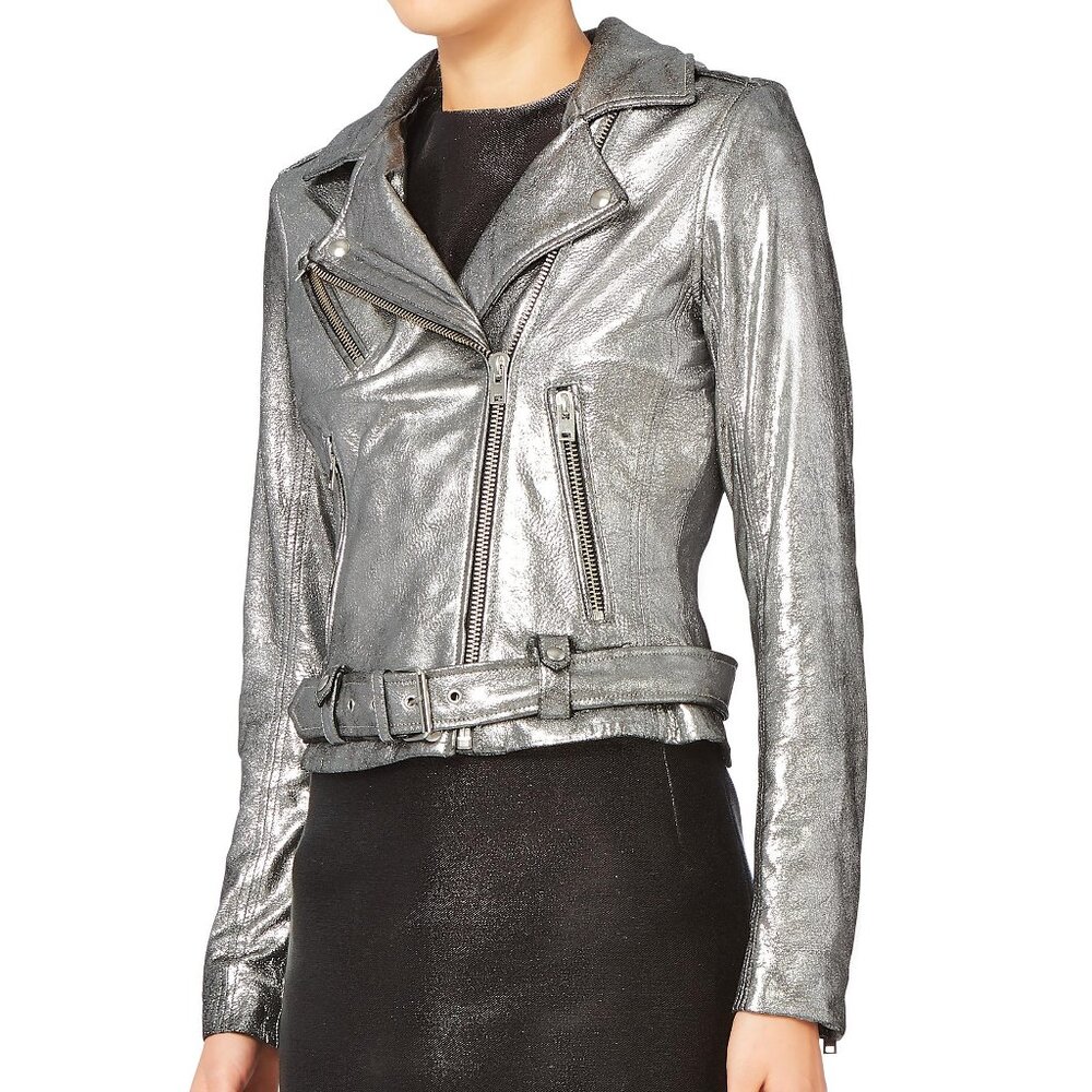 IRO Brooklyn Silver Metallic Leather Moto Jacket